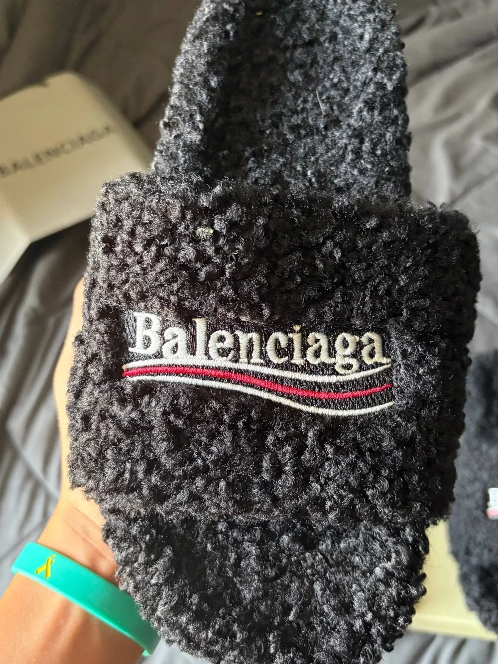 Balenciaga Black Sherpa Logo Slide Sandals with Red & White Accent